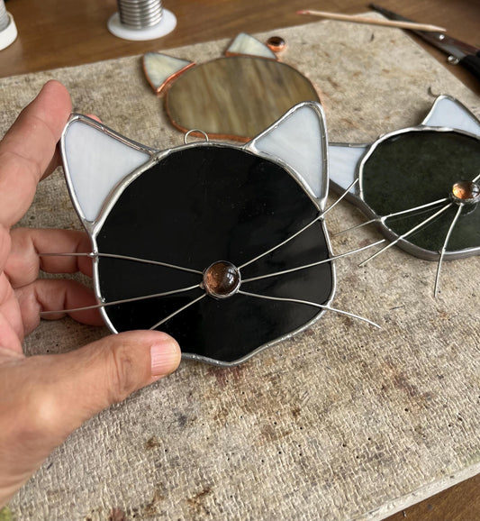 Stained Glass Cat Head Suncatcher - Black and white