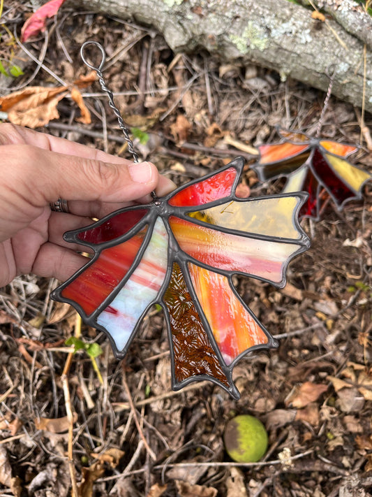 Stained glass Fall Sugar Maple Leaf Suncatcher