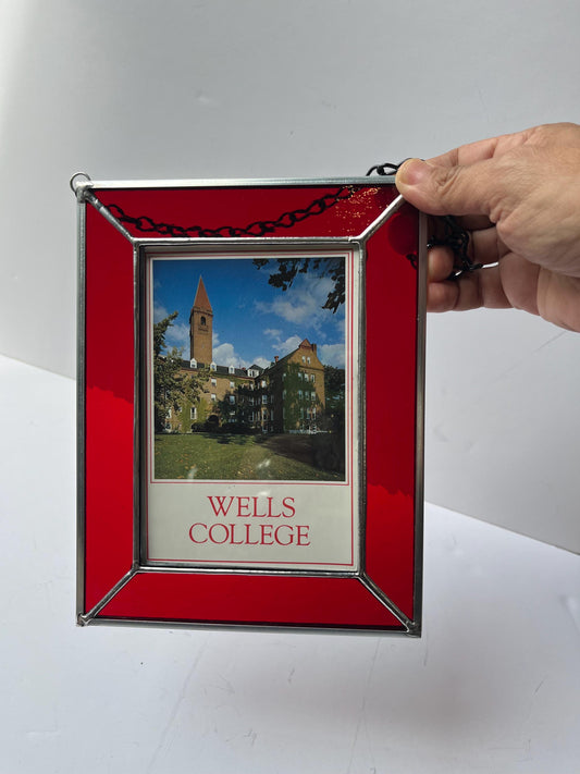 Stained Glass Hanging Frame with Wells College Postcard- Main&Bell Tower