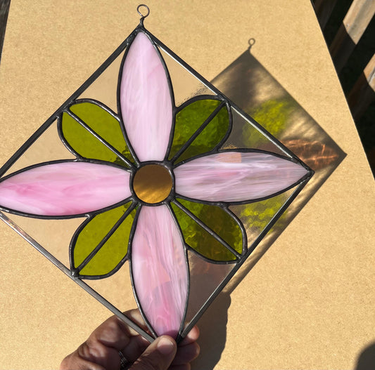 Stained Glass Suncatcher- Pink Floral Quilt Diamond
