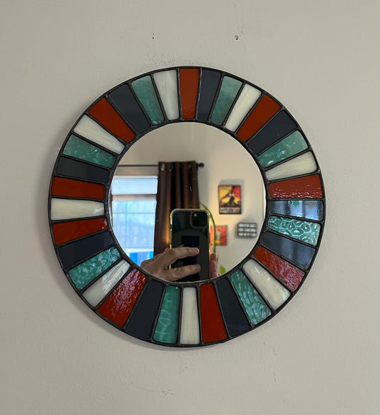 Stained Glass Mirror- Terra Cotta , Charcoal, Bone and Blue Multi Color Boho Mirror