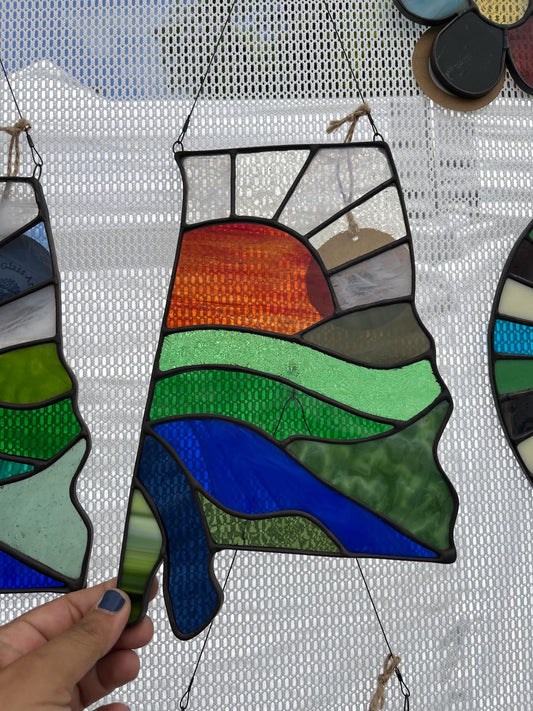 Stained Glass State of Alabama landscape window hanging panel