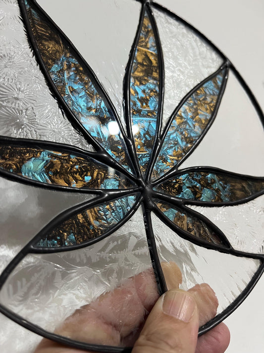Stained glass Leaf round- Sativa 420 friendly- teal and copper
