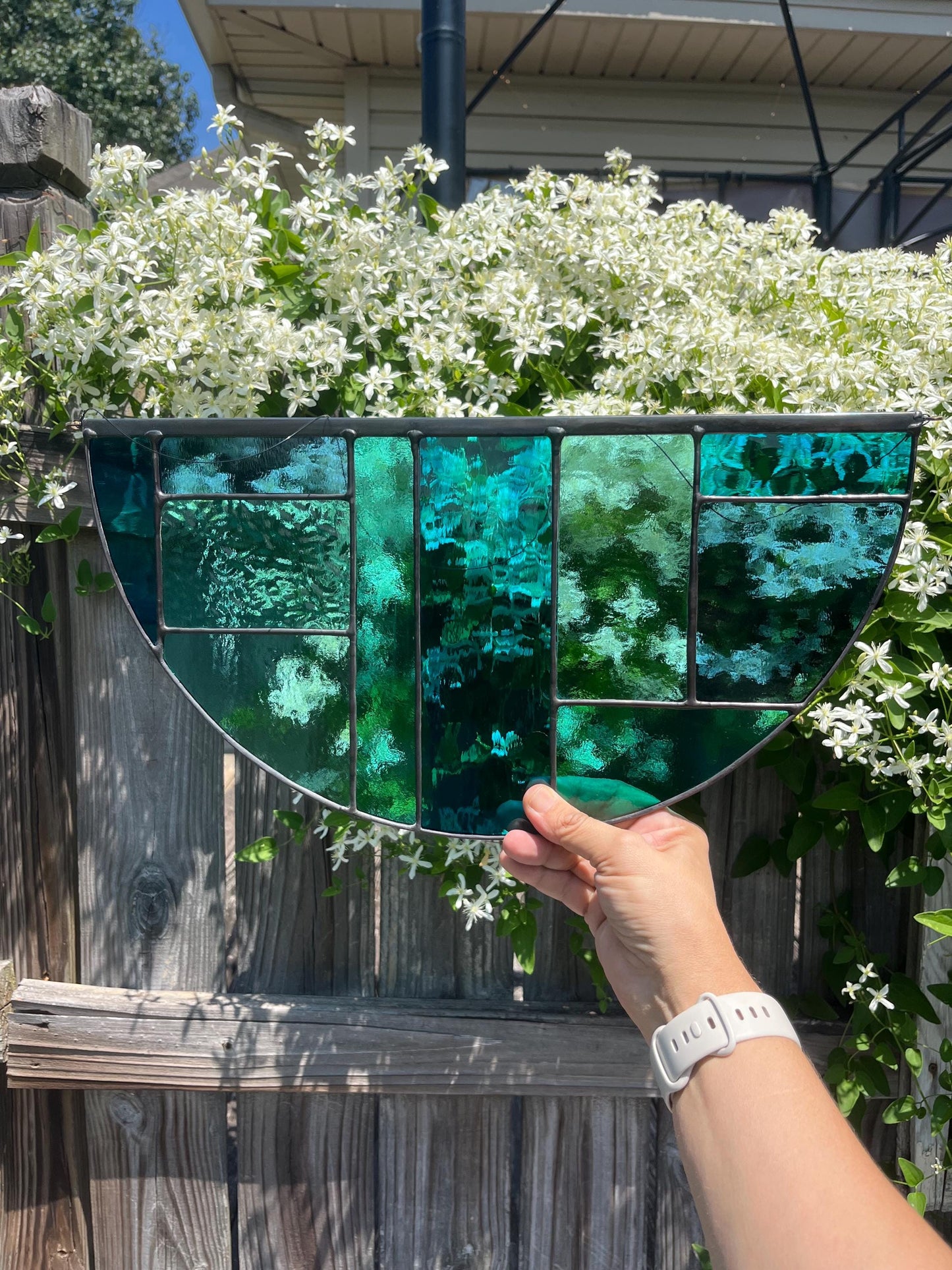 Stained Glass Geometric semicircle panel - Blues and Aqua