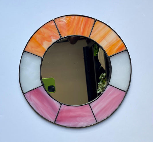 Stained Glass Mirror- Mid Century Modern Mirror, Orange white and pink