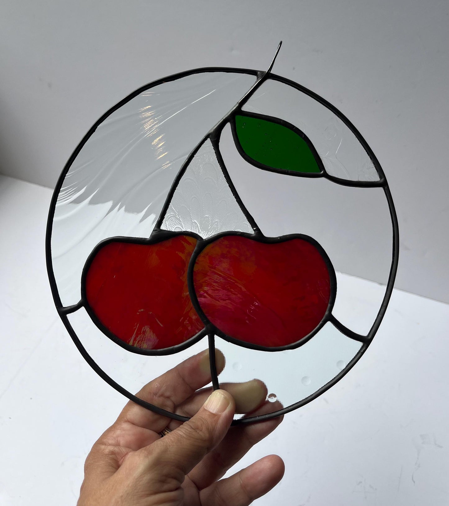 Cherries- Stained glass Round Cherries Panel Suncatcher