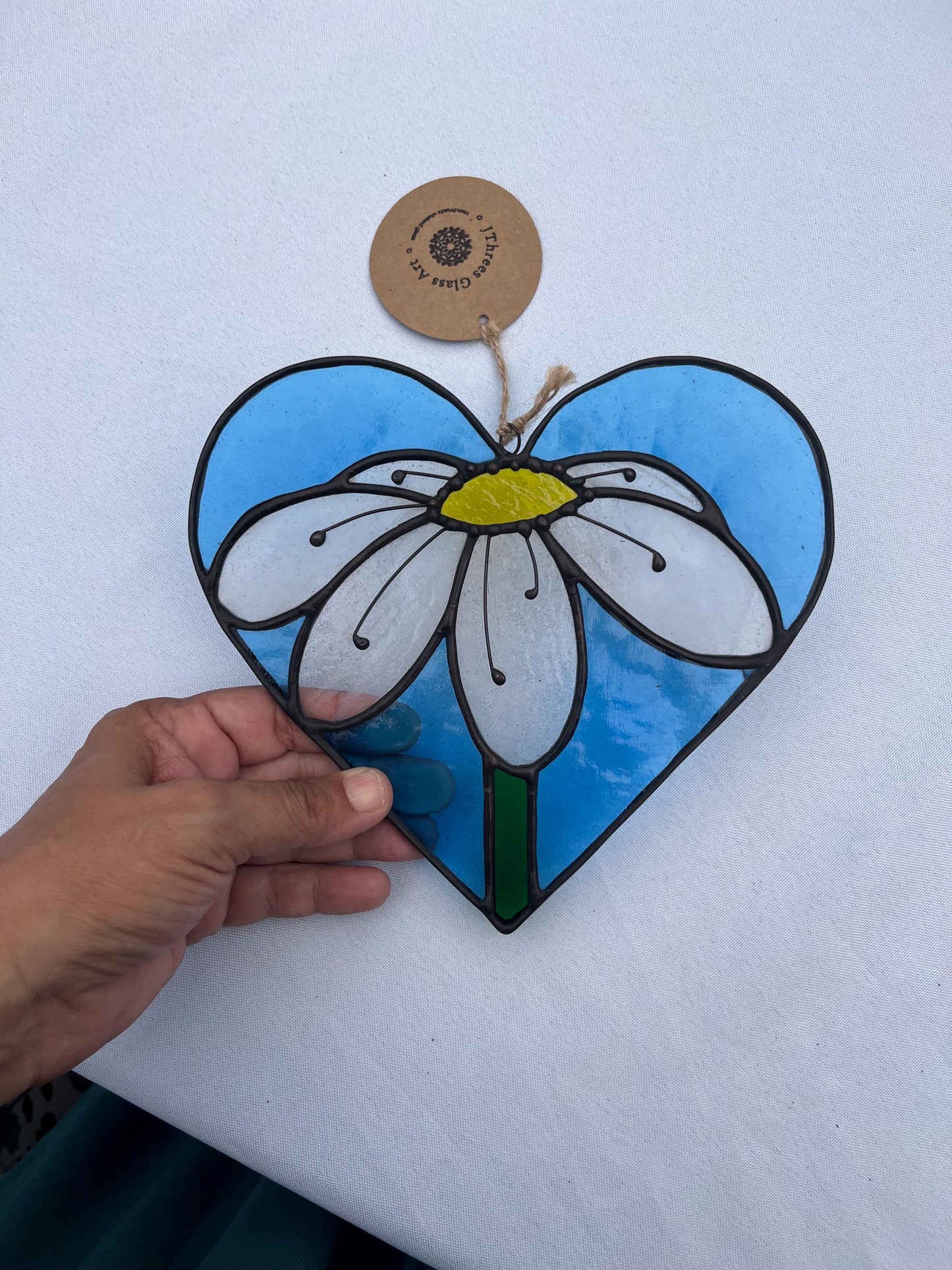 Stained glass Heart with Daisy- Copper blue