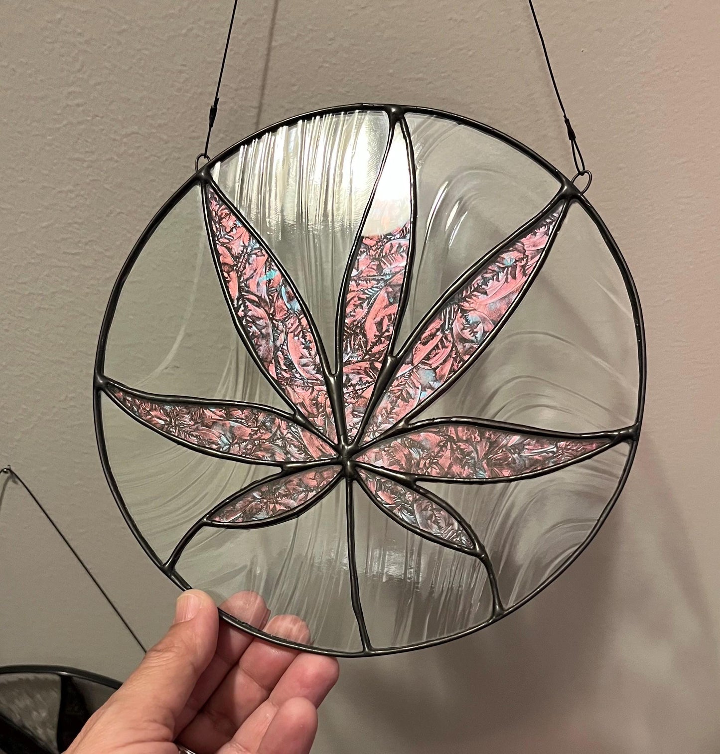 Stained glass Leaf round- Sativa 420 friendly- Pink and mint