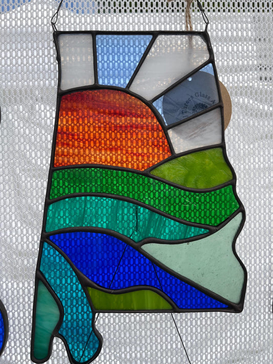 Stained Glass State of Alabama landscape window hanging panel