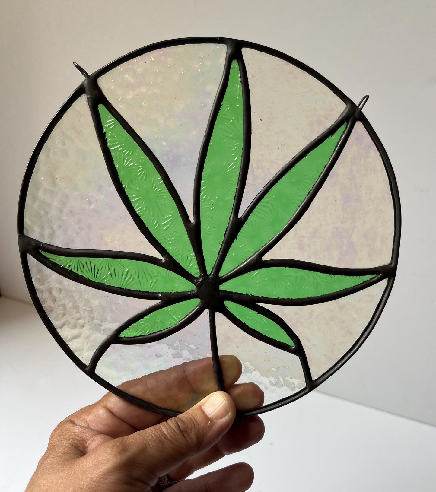 Stained glass Leaf round- Sativa 420 friendly- Green and iridescent clear