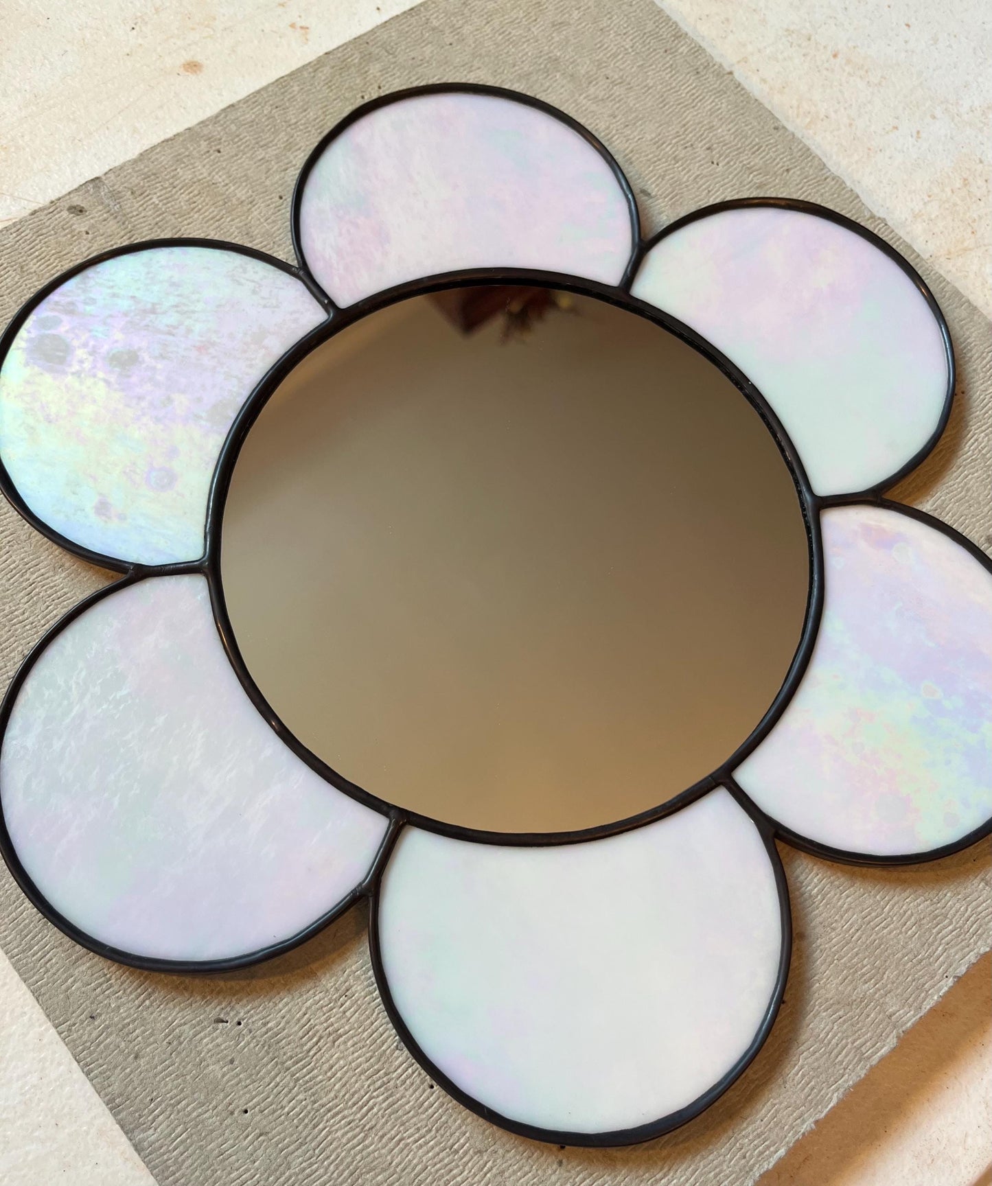 Stained Glass Mirror- Gazing Daisy- White Iridescent