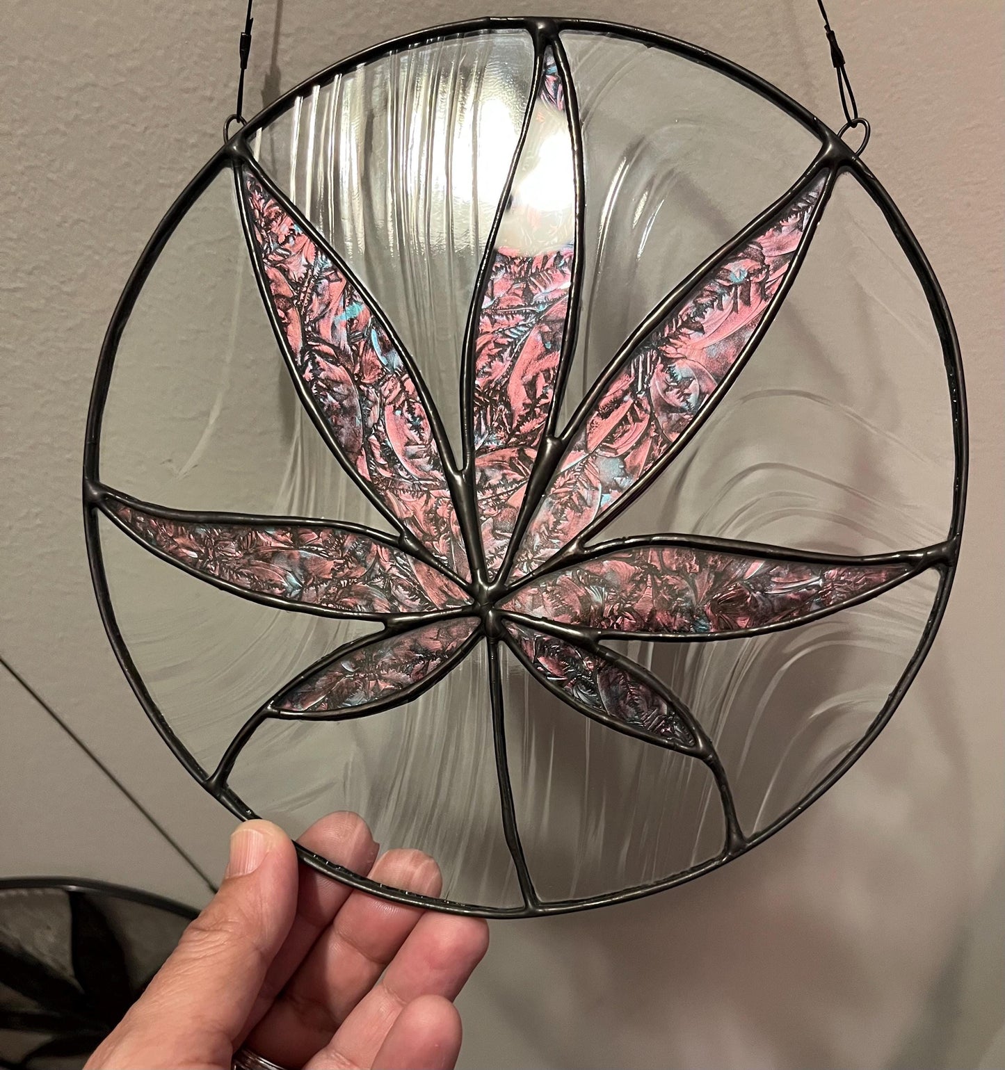 Stained glass Leaf round- Sativa 420 friendly- Pink and mint