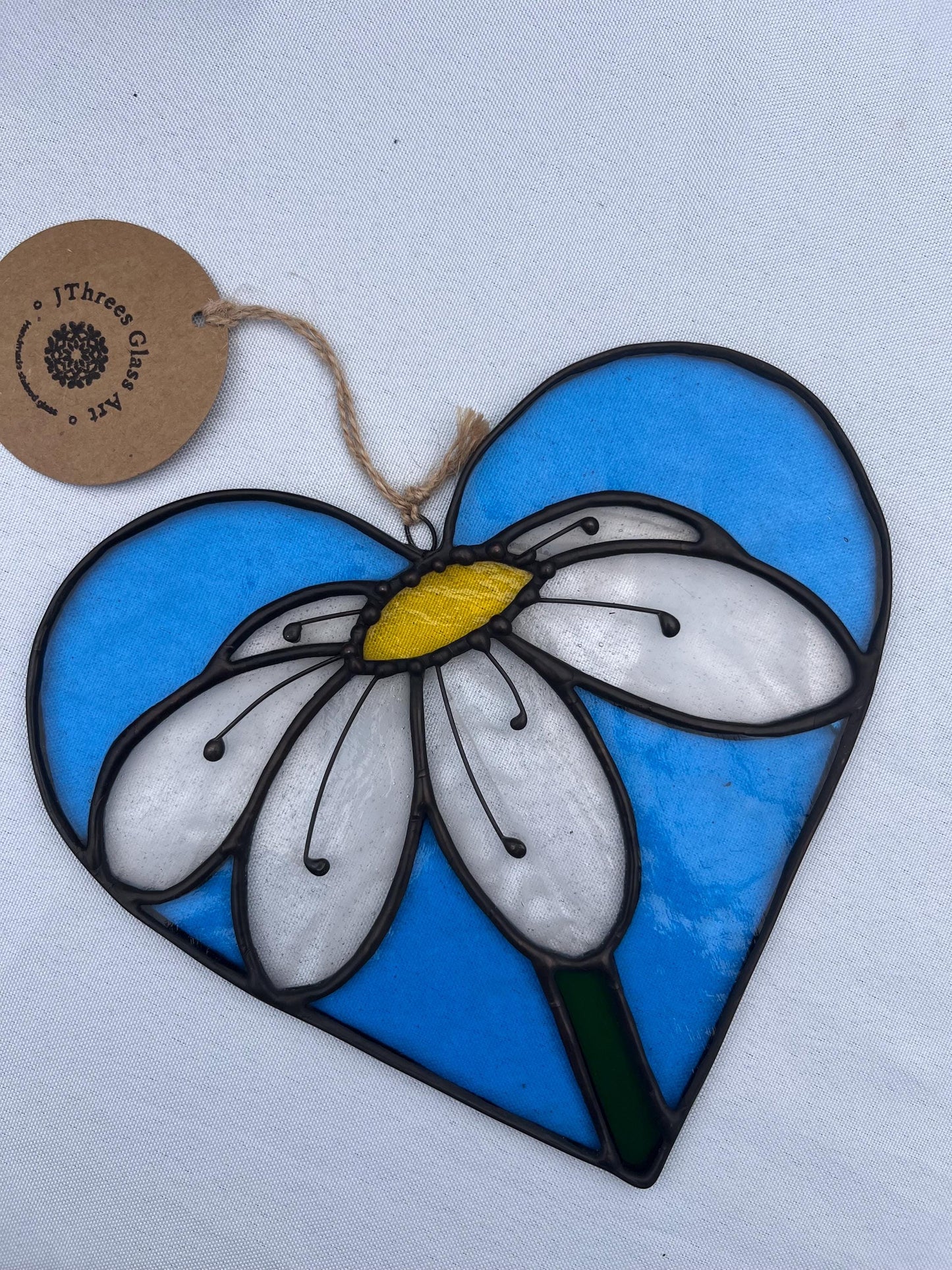Stained glass Heart with Daisy- Copper blue