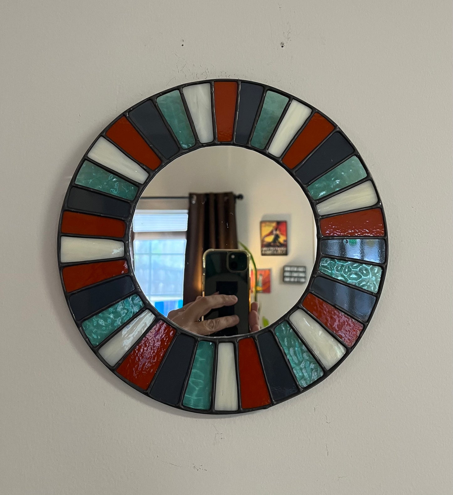 Stained Glass Mirror- Terra Cotta , Charcoal, Bone and Blue Multi Color Boho Mirror