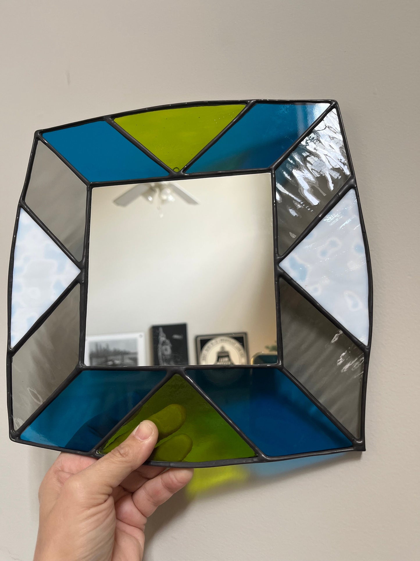 Handmade Stained Glass Mirror: Turquoise, Lime Green, Gray, and White