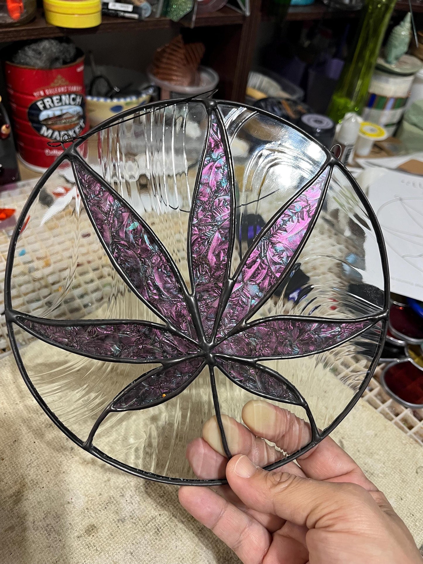 Stained glass Leaf round- Sativa 420 friendly- Pink and mint