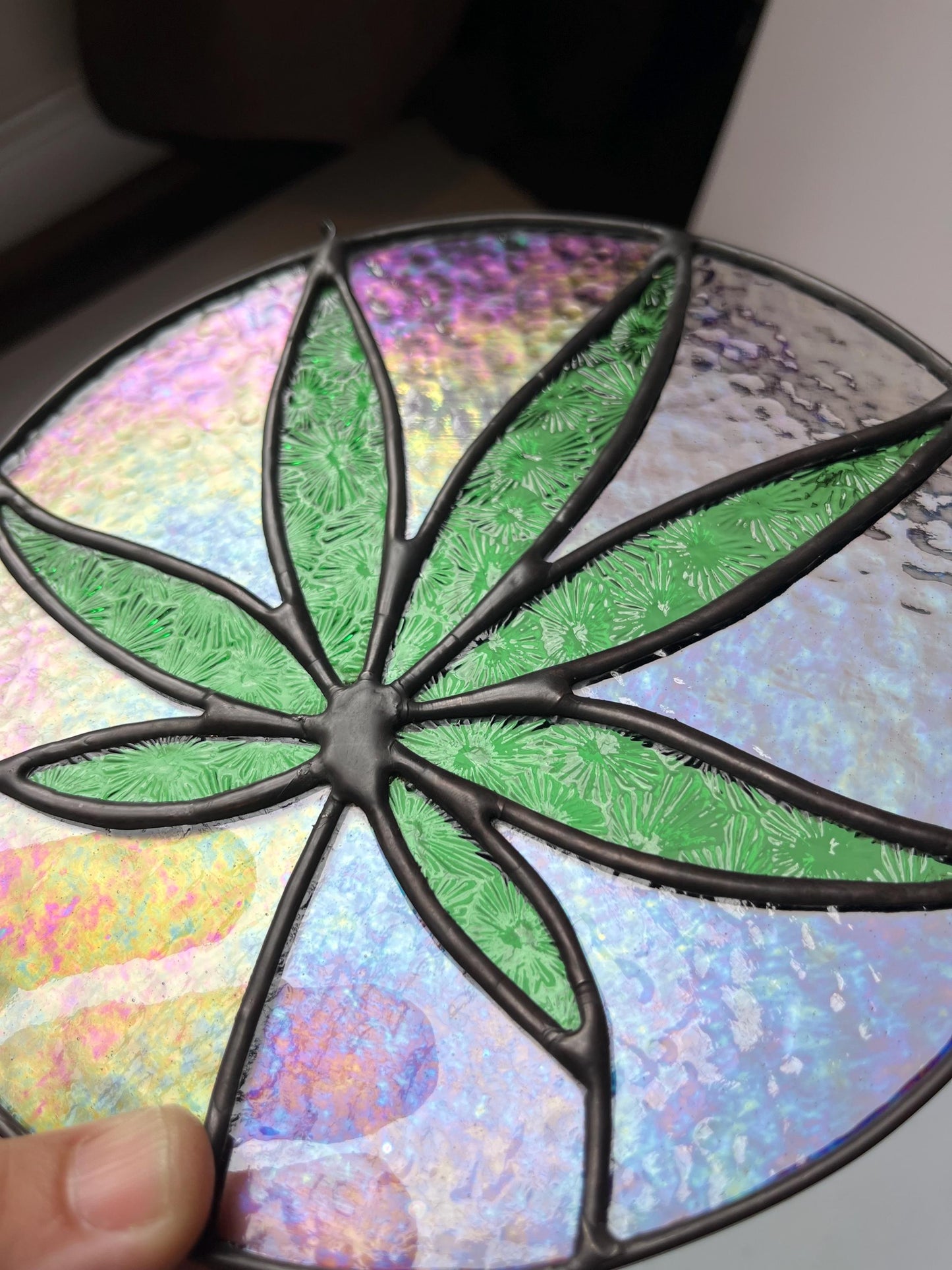 Stained glass Leaf round- Sativa 420 friendly- Green and iridescent clear
