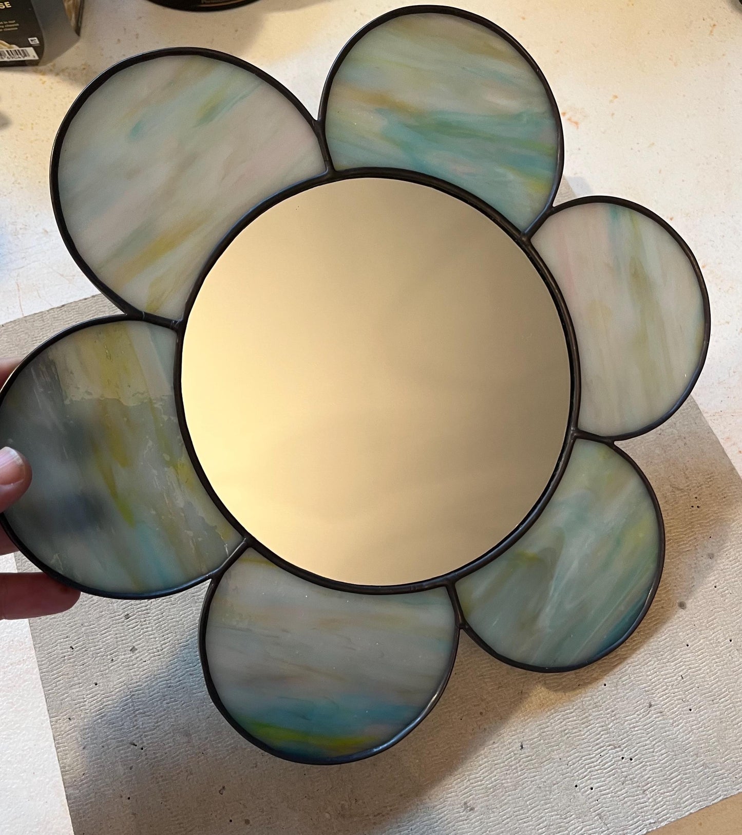 Stained Glass Mirror- Gazing Daisy- Pale Blue