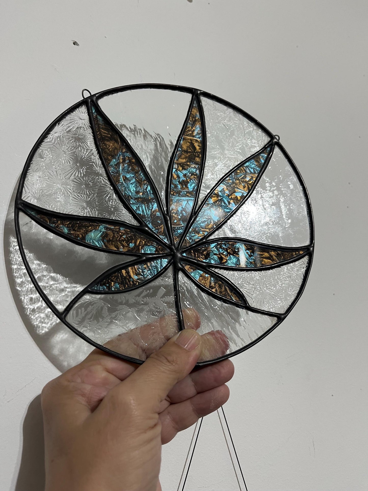 Stained glass Leaf round- Sativa 420 friendly- teal and copper