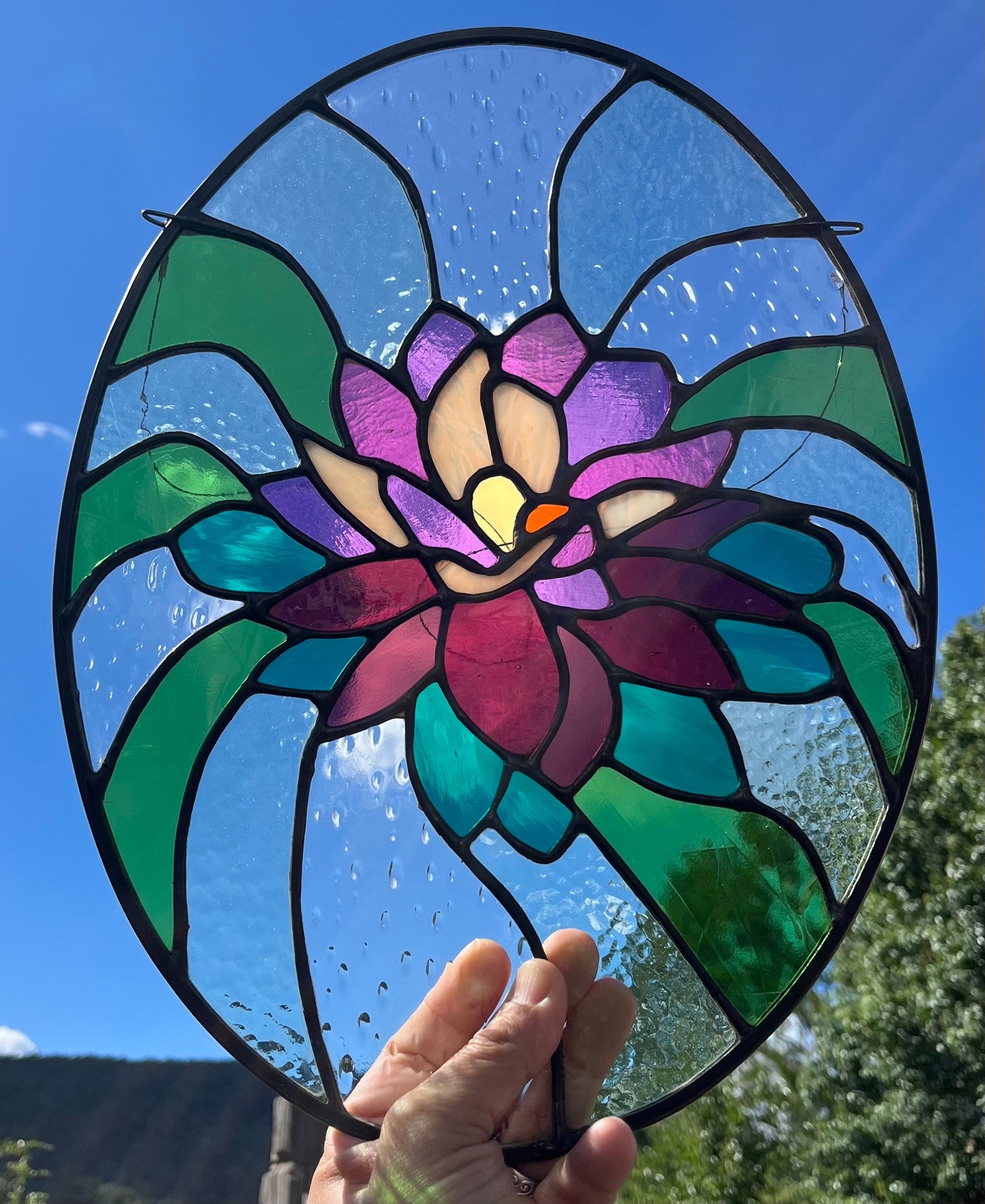 Stained Glass Oval Water Lily Panel