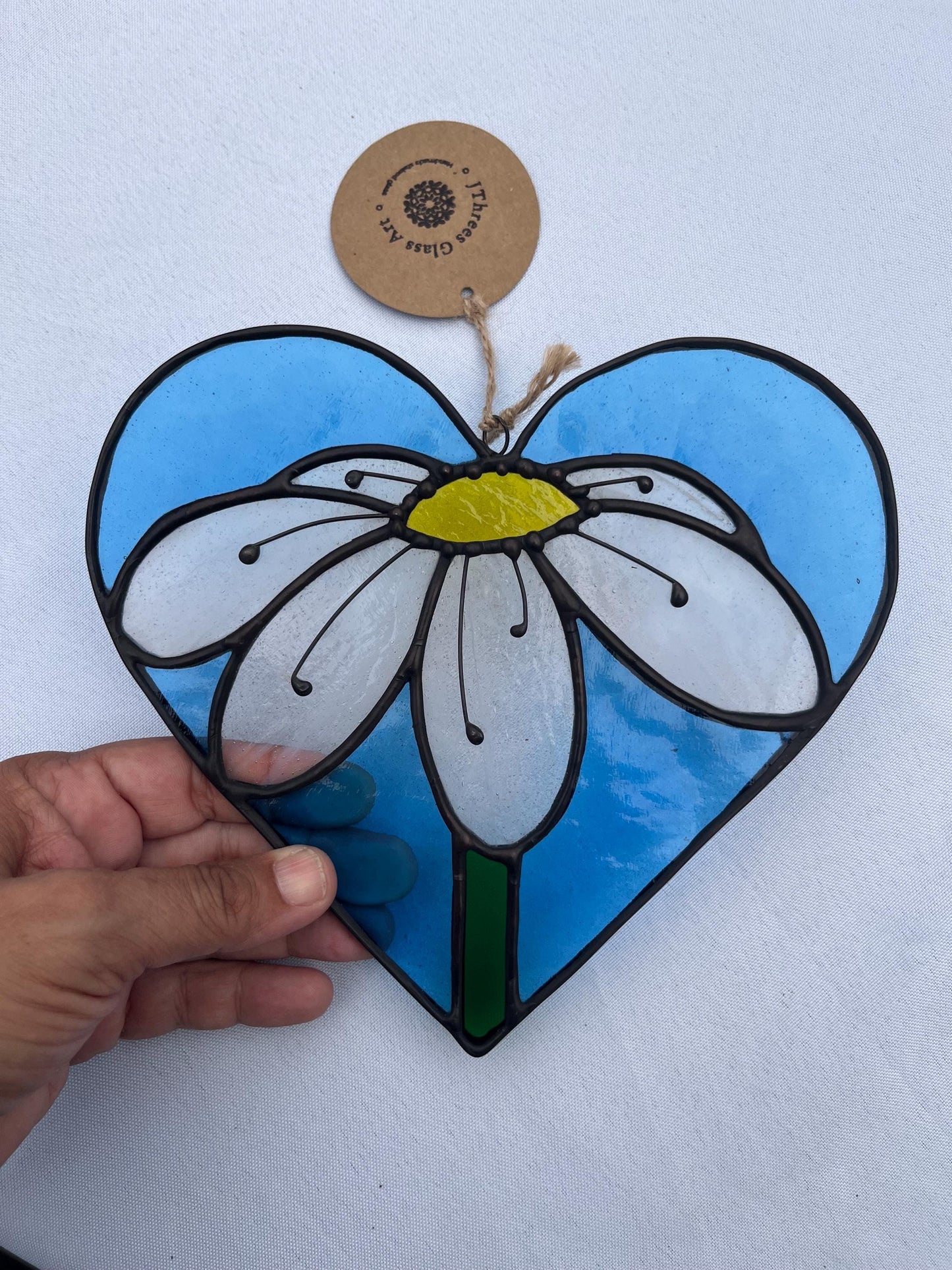 Stained glass Heart with Daisy- Copper blue