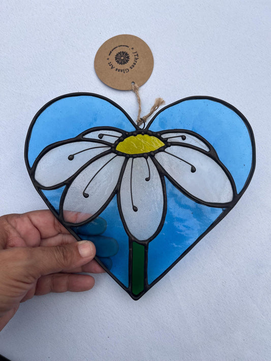 Stained glass Heart with Daisy- Copper blue