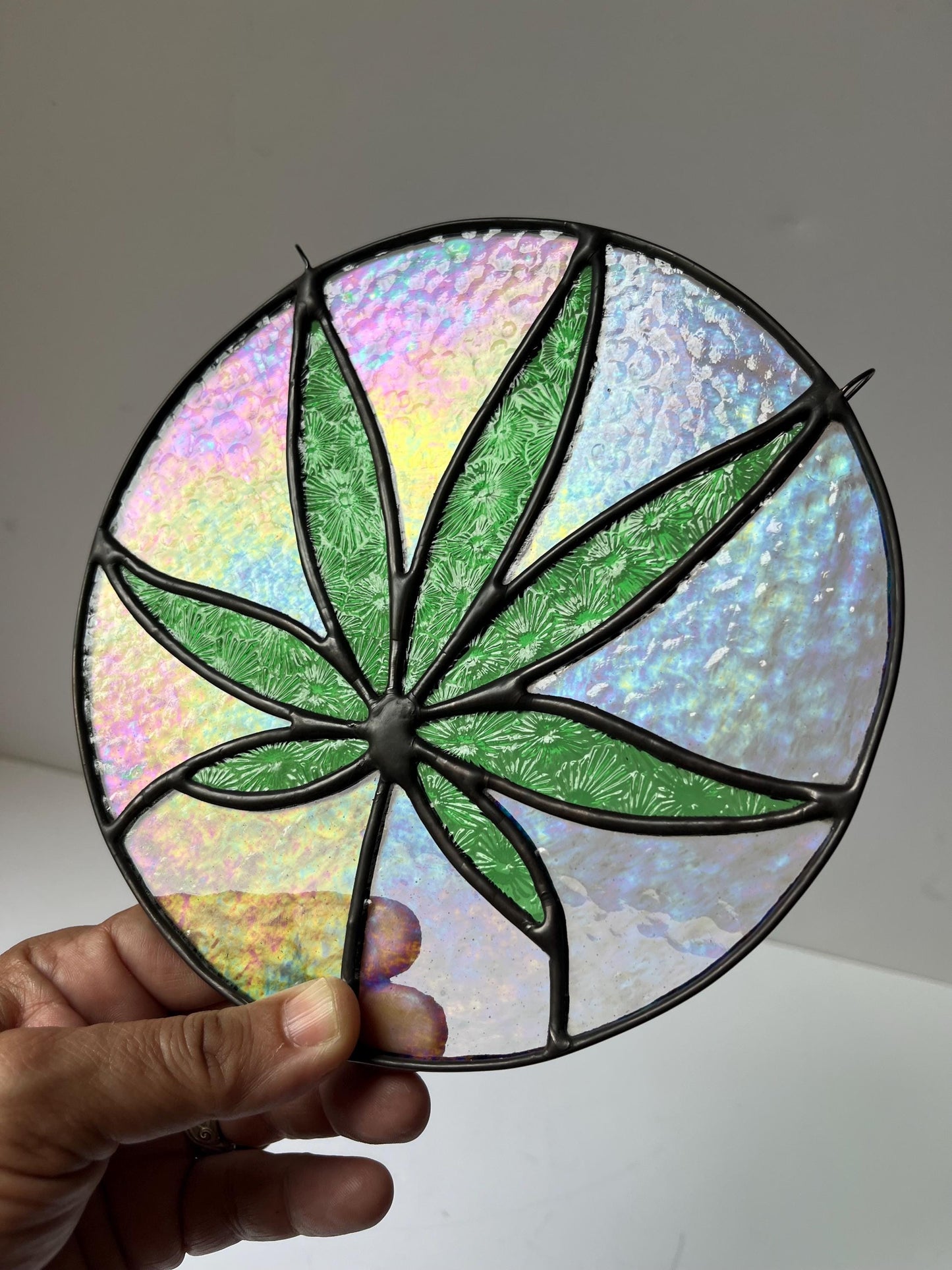 Stained glass Leaf round- Sativa 420 friendly- Green and iridescent clear