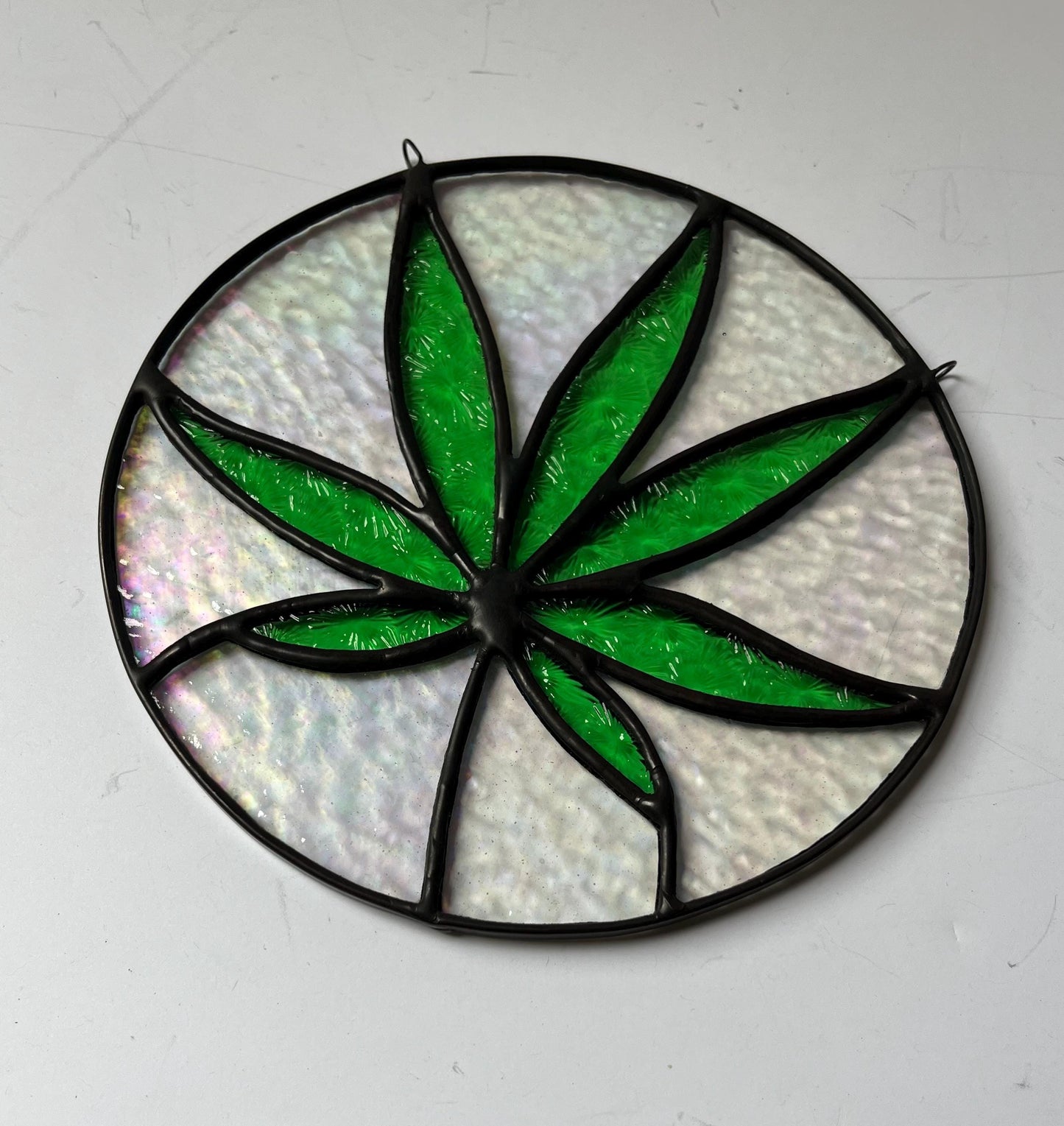 Stained glass Leaf round- Sativa 420 friendly- Green and iridescent clear