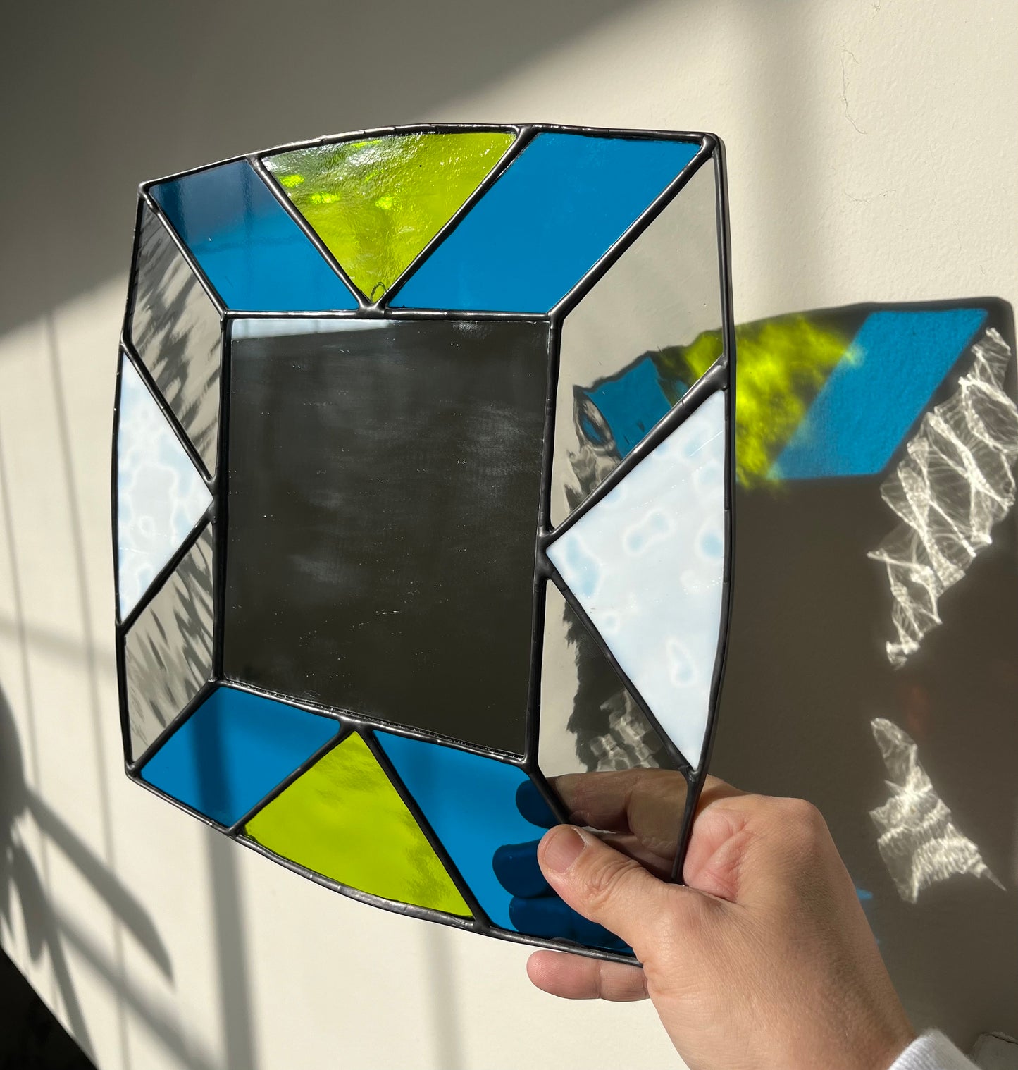 Handmade Stained Glass Mirror: Turquoise, Lime Green, Gray, and White
