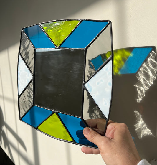 Handmade Stained Glass Mirror: Turquoise, Lime Green, Gray, and White