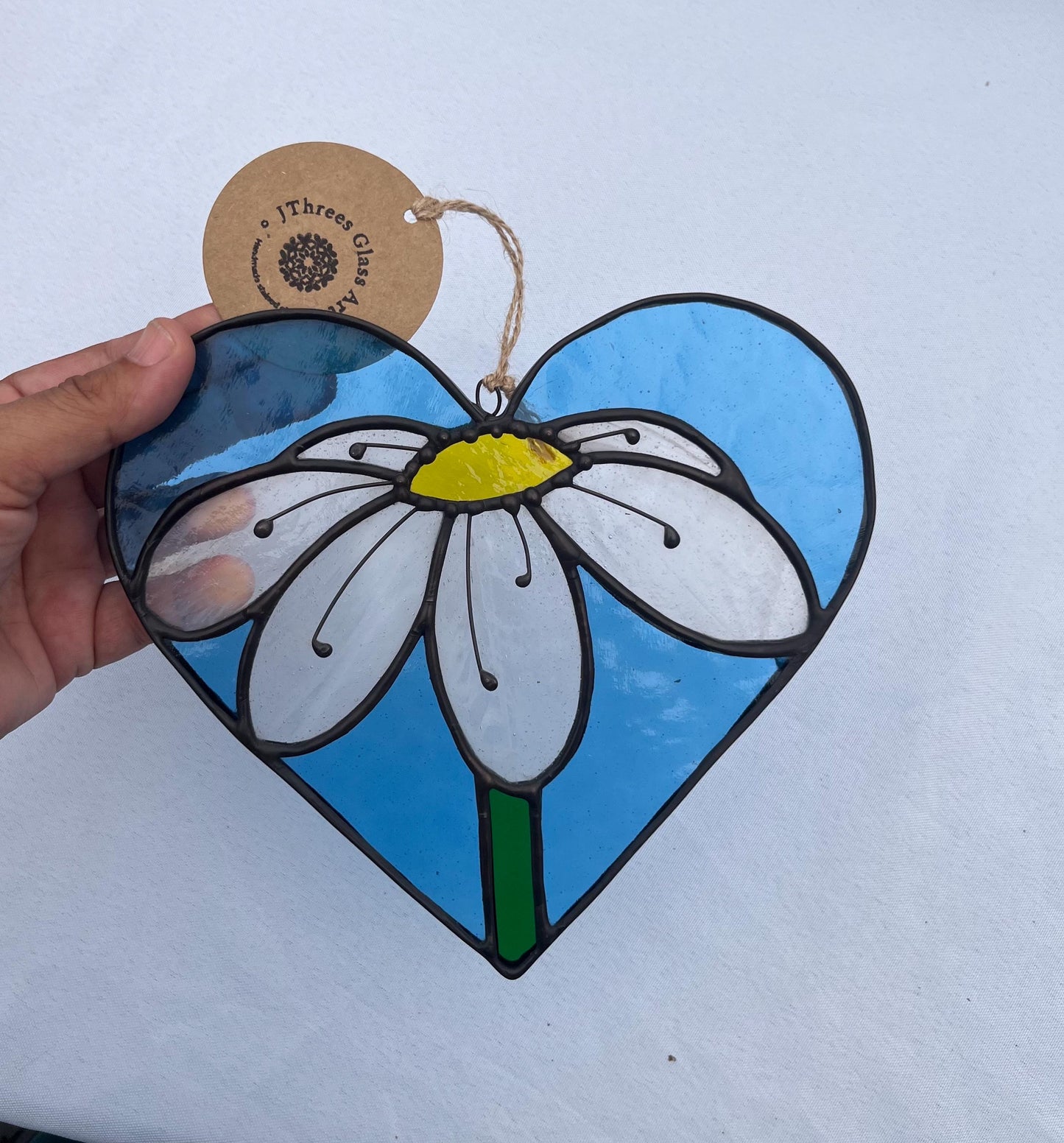 Stained glass Heart with Daisy- Copper blue