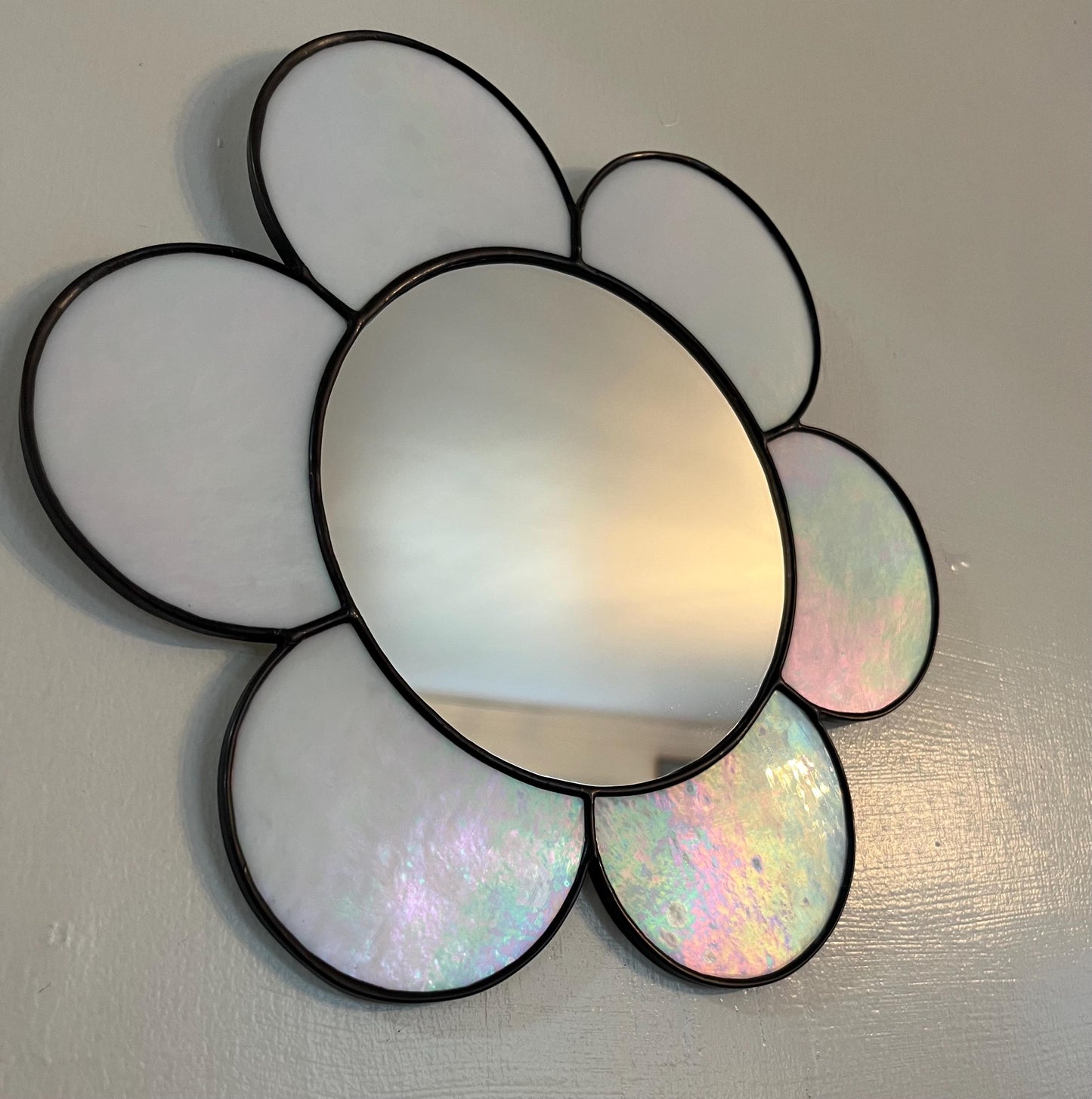 Stained Glass Mirror- Gazing Daisy- White Iridescent