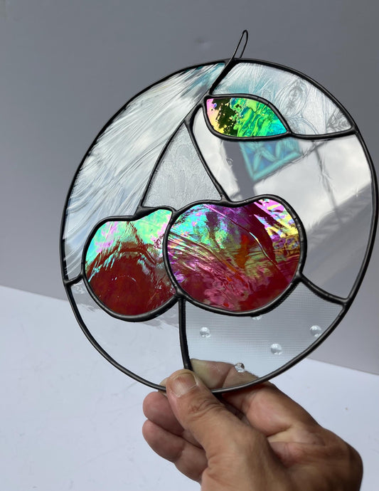 Cherries- Stained glass Round Cherries Panel Suncatcher
