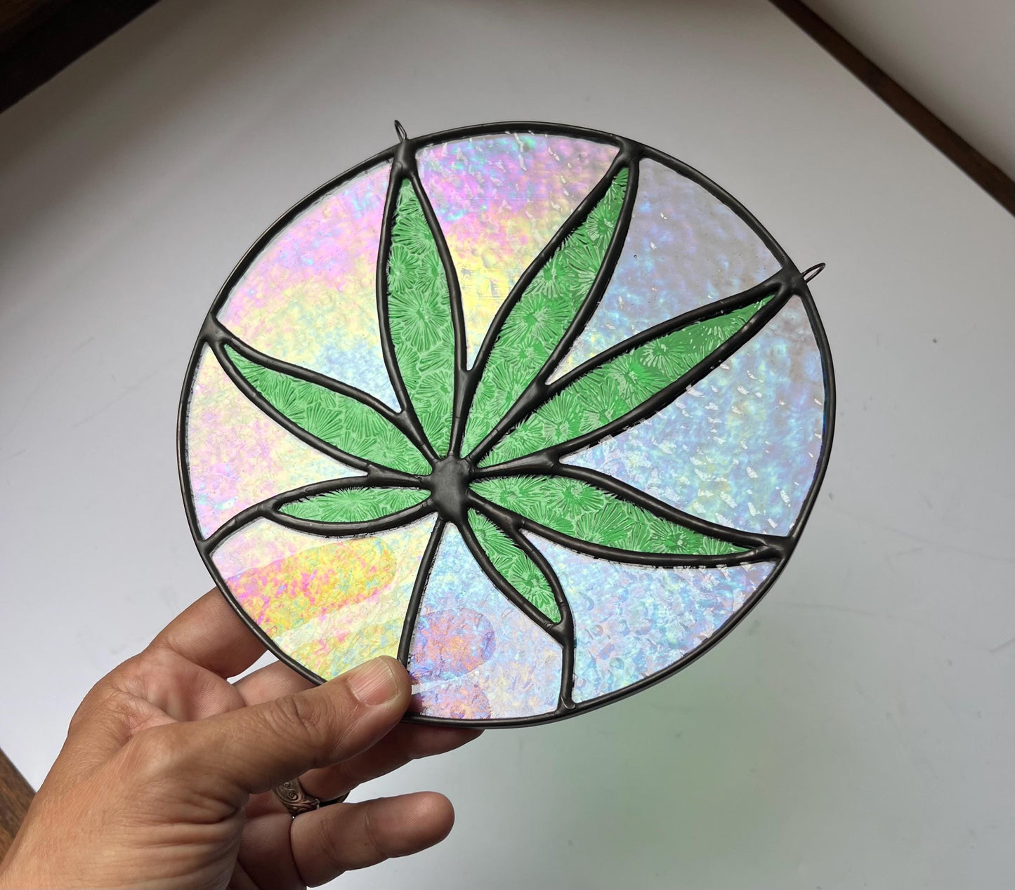 Stained glass Leaf round- Sativa 420 friendly- Green and iridescent clear