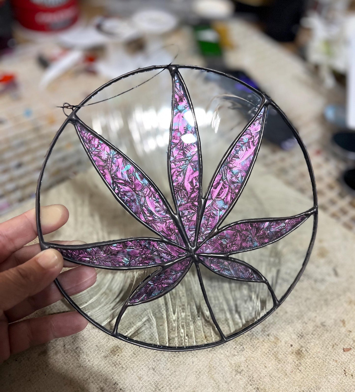 Stained glass Leaf round- Sativa 420 friendly- Pink and mint