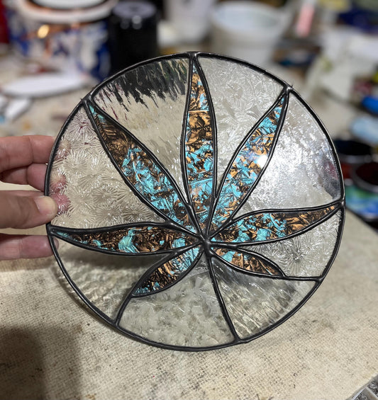 Stained glass Leaf round- Sativa 420 friendly- teal and copper