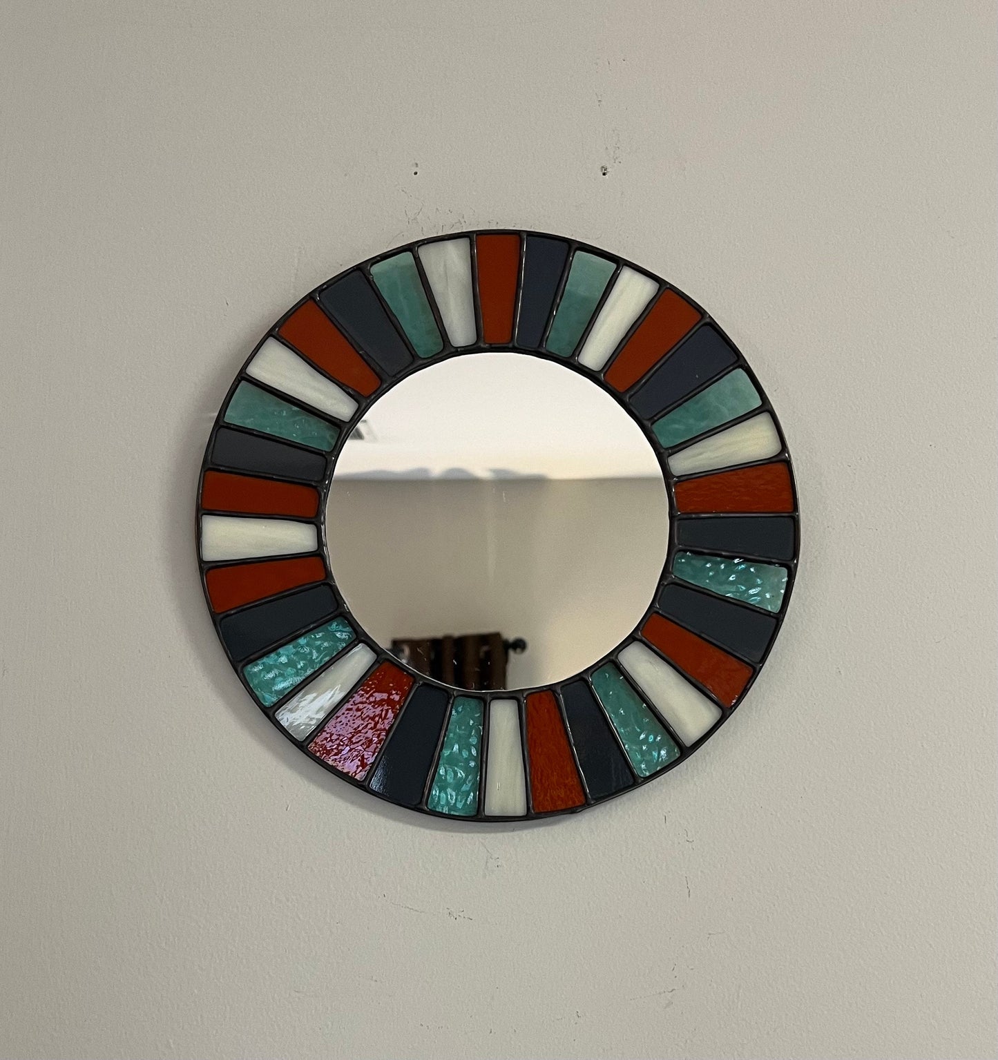 Stained Glass Mirror- Terra Cotta , Charcoal, Bone and Blue Multi Color Boho Mirror
