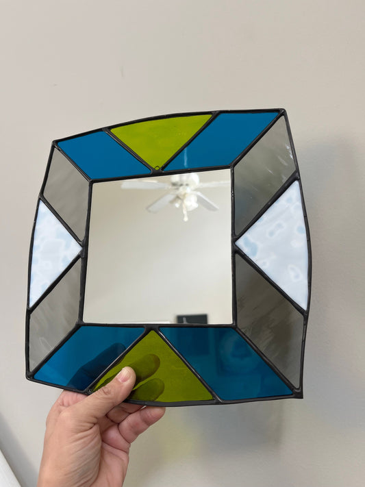 Handmade Stained Glass Mirror: Turquoise, Lime Green, Gray, and White