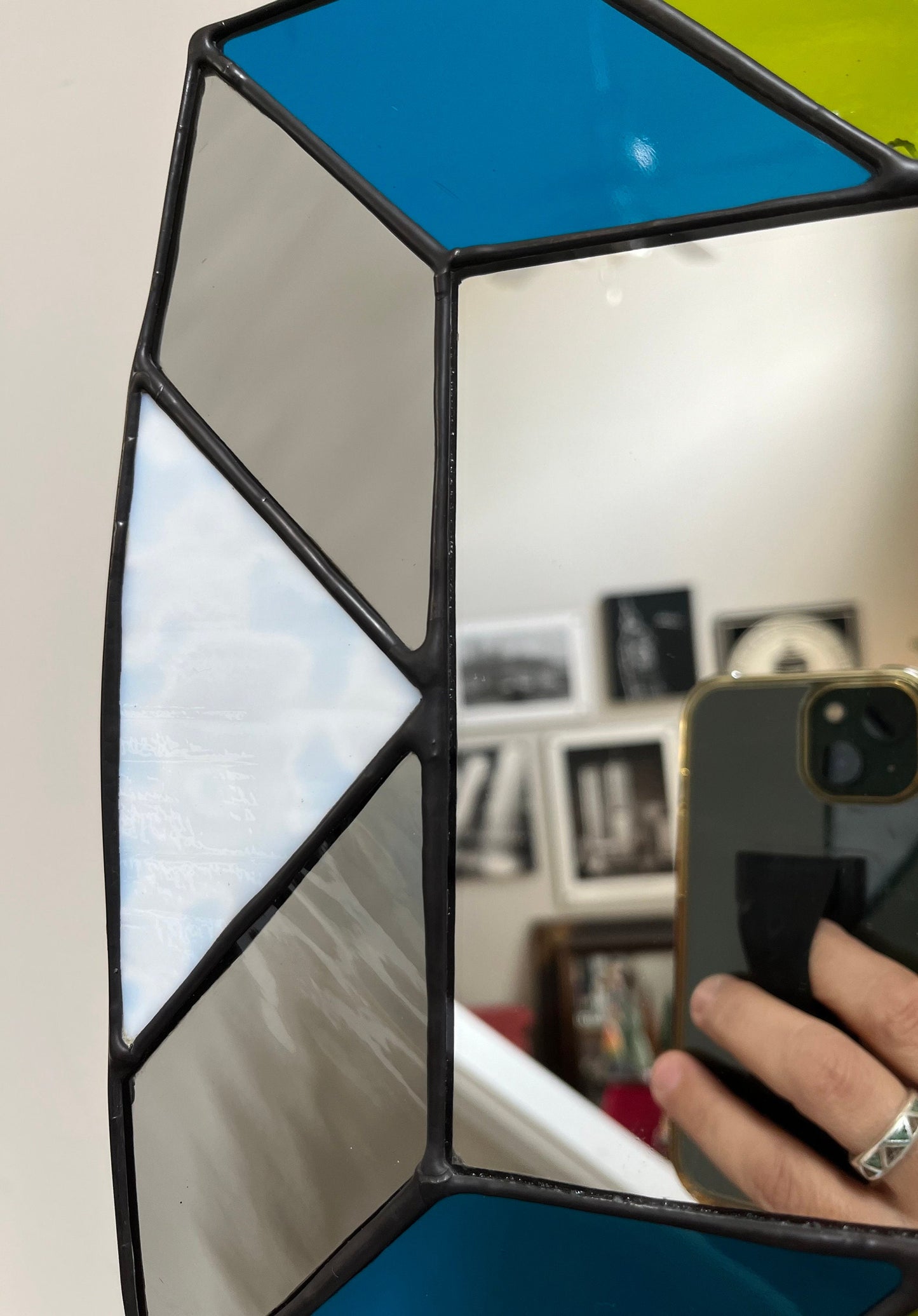 Handmade Stained Glass Mirror: Turquoise, Lime Green, Gray, and White
