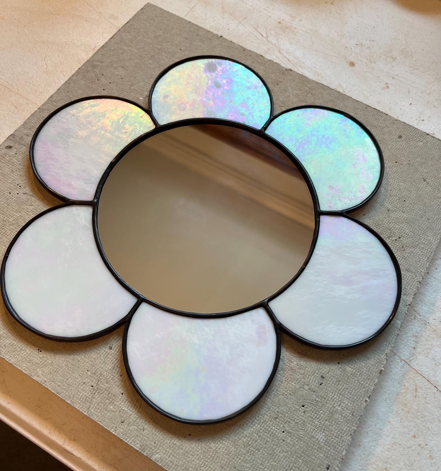 Stained Glass Mirror- Gazing Daisy- White Iridescent