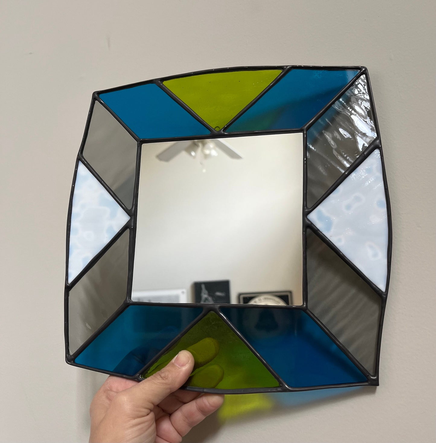 Handmade Stained Glass Mirror: Turquoise, Lime Green, Gray, and White