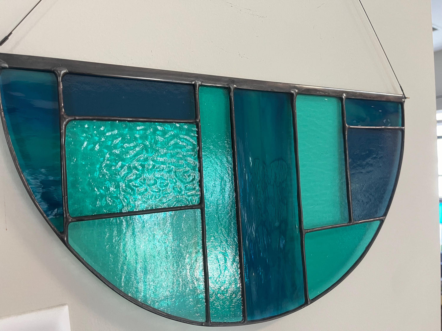 Stained Glass Geometric semicircle panel - Blues and Aqua