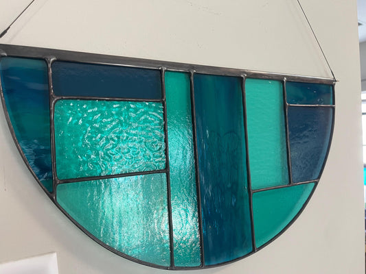 Stained Glass Geometric semicircle panel - Blues and Aqua