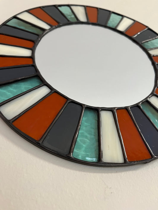 Stained Glass Mirror- Terra Cotta , Charcoal, Bone and Blue Multi Color Boho Mirror