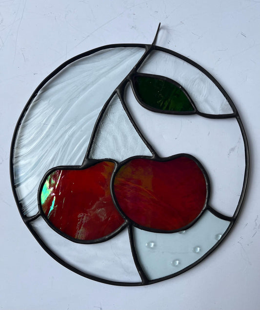 Cherries- Stained glass Round Cherries Panel Suncatcher