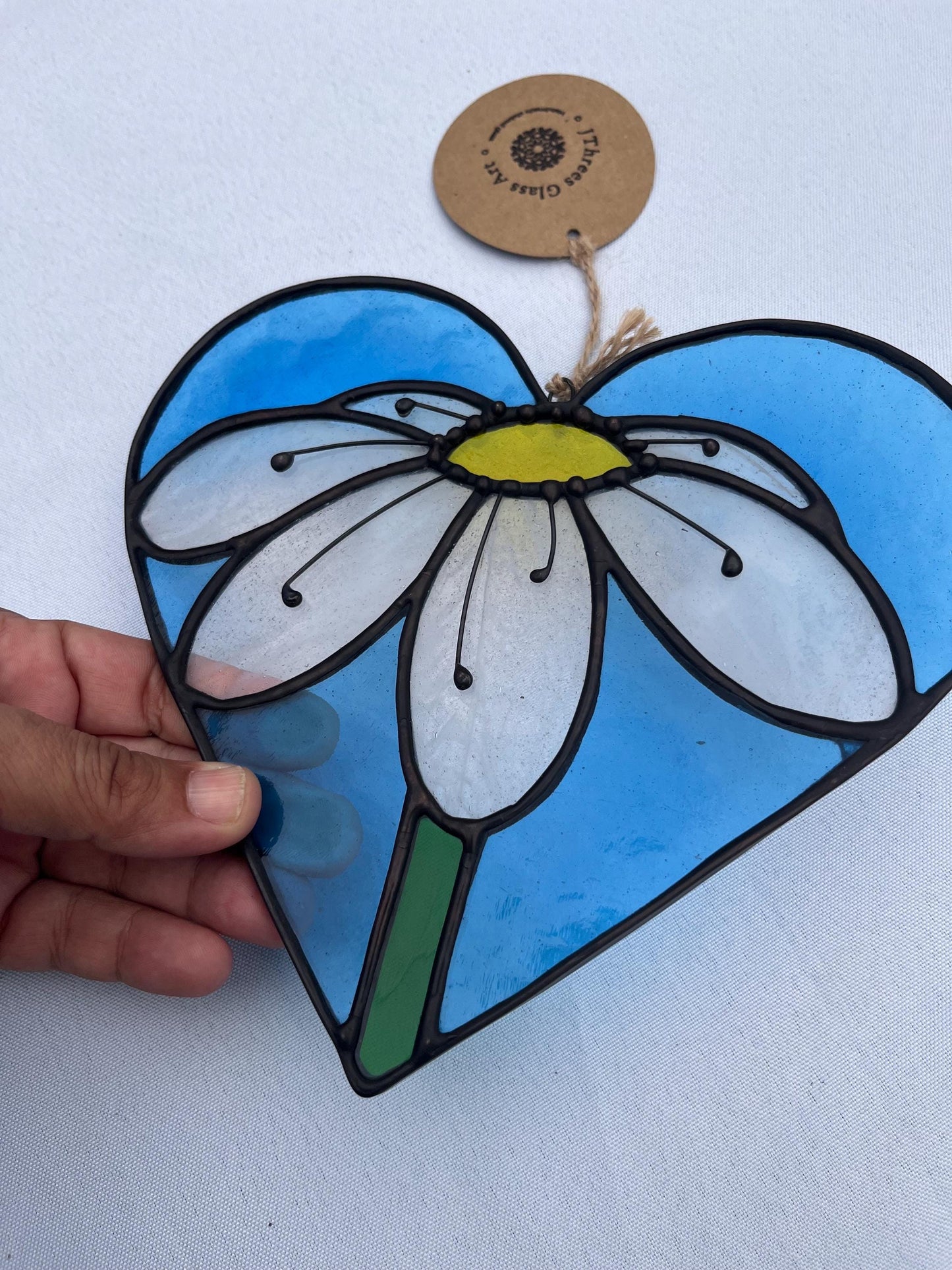 Stained glass Heart with Daisy- Copper blue