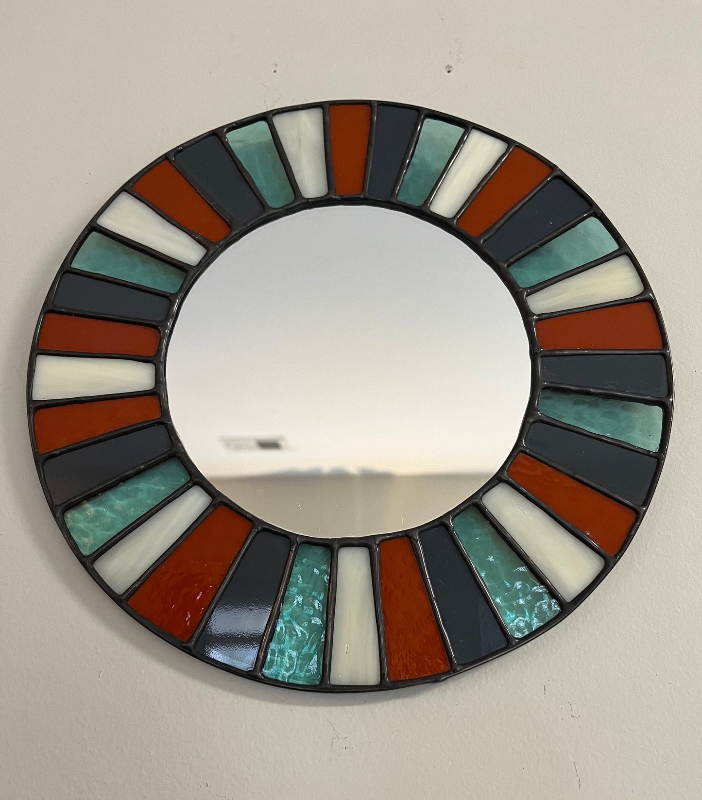 Stained Glass Mirror- Terra Cotta , Charcoal, Bone and Blue Multi Color Boho Mirror