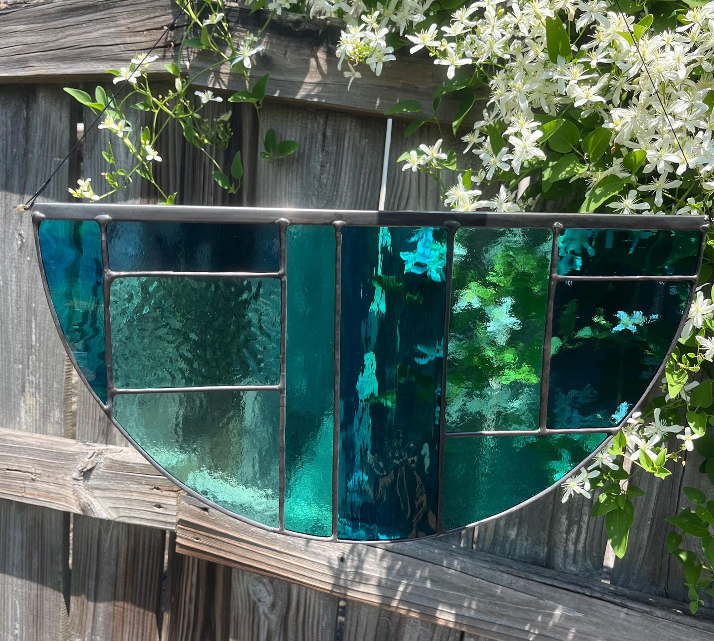 Stained Glass Geometric semicircle panel - Blues and Aqua