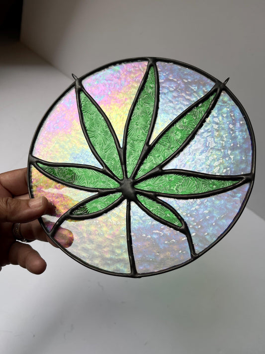 Stained glass Leaf round- Sativa 420 friendly- Green and iridescent clear