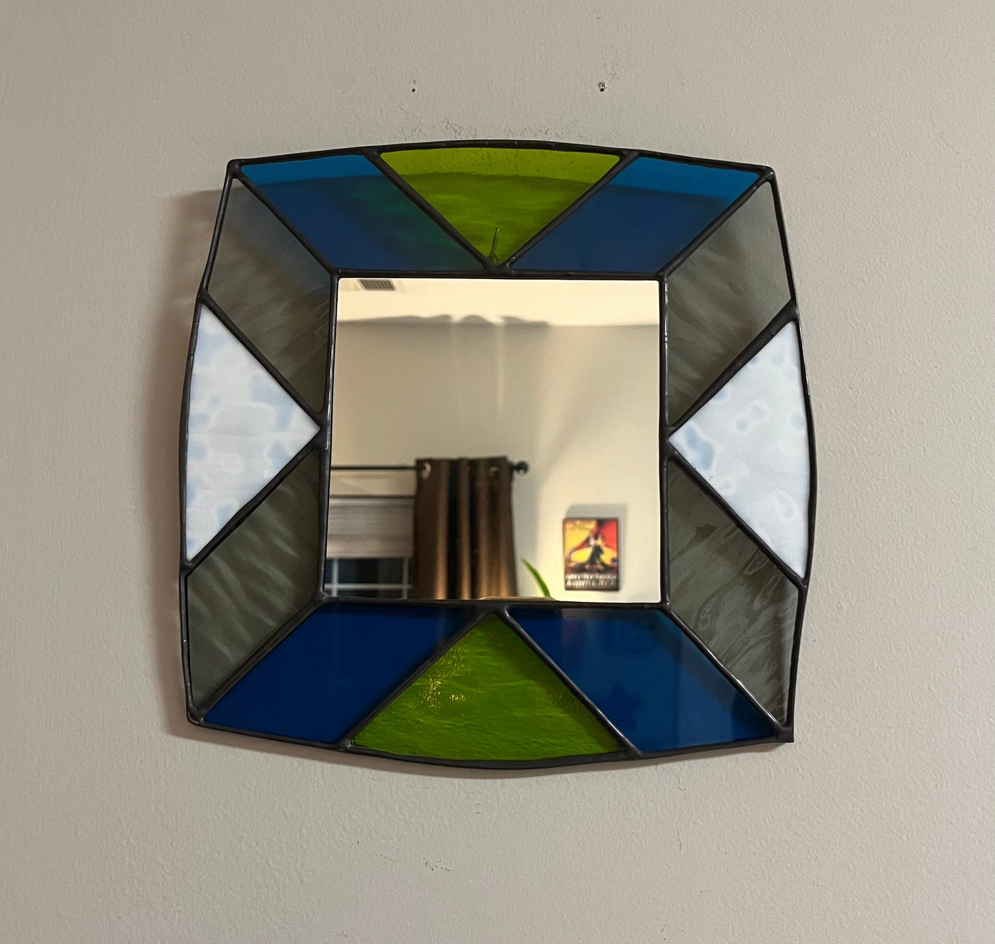 Handmade Stained Glass Mirror: Turquoise, Lime Green, Gray, and White